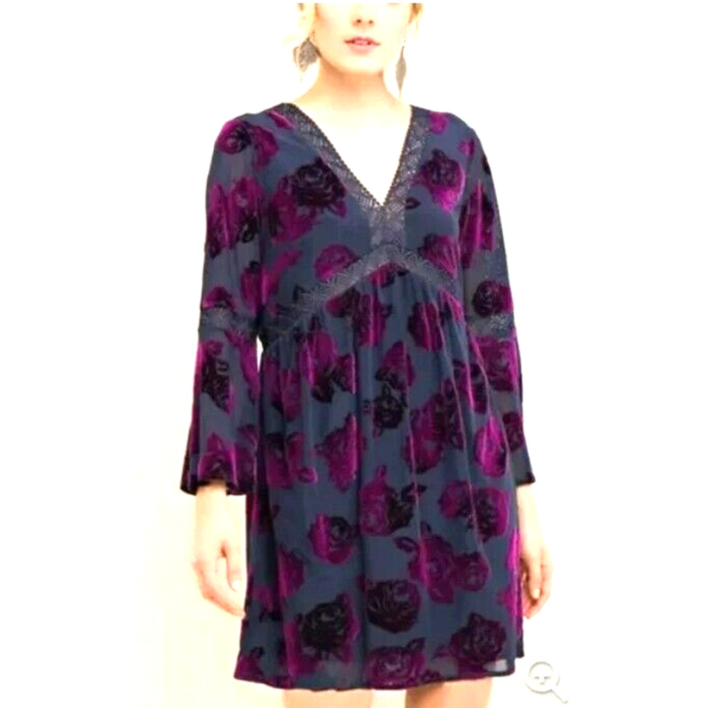 Velvet Burnout Y2K Dress Sz S Purple Dark Floral Gothic Empire Waist Babydoll